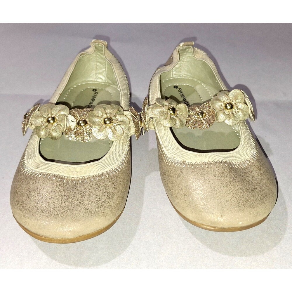 Rampage Girls Gold Ballet Flats Sparkly Glitter Dress Shoes Flower Strap Size 8M
